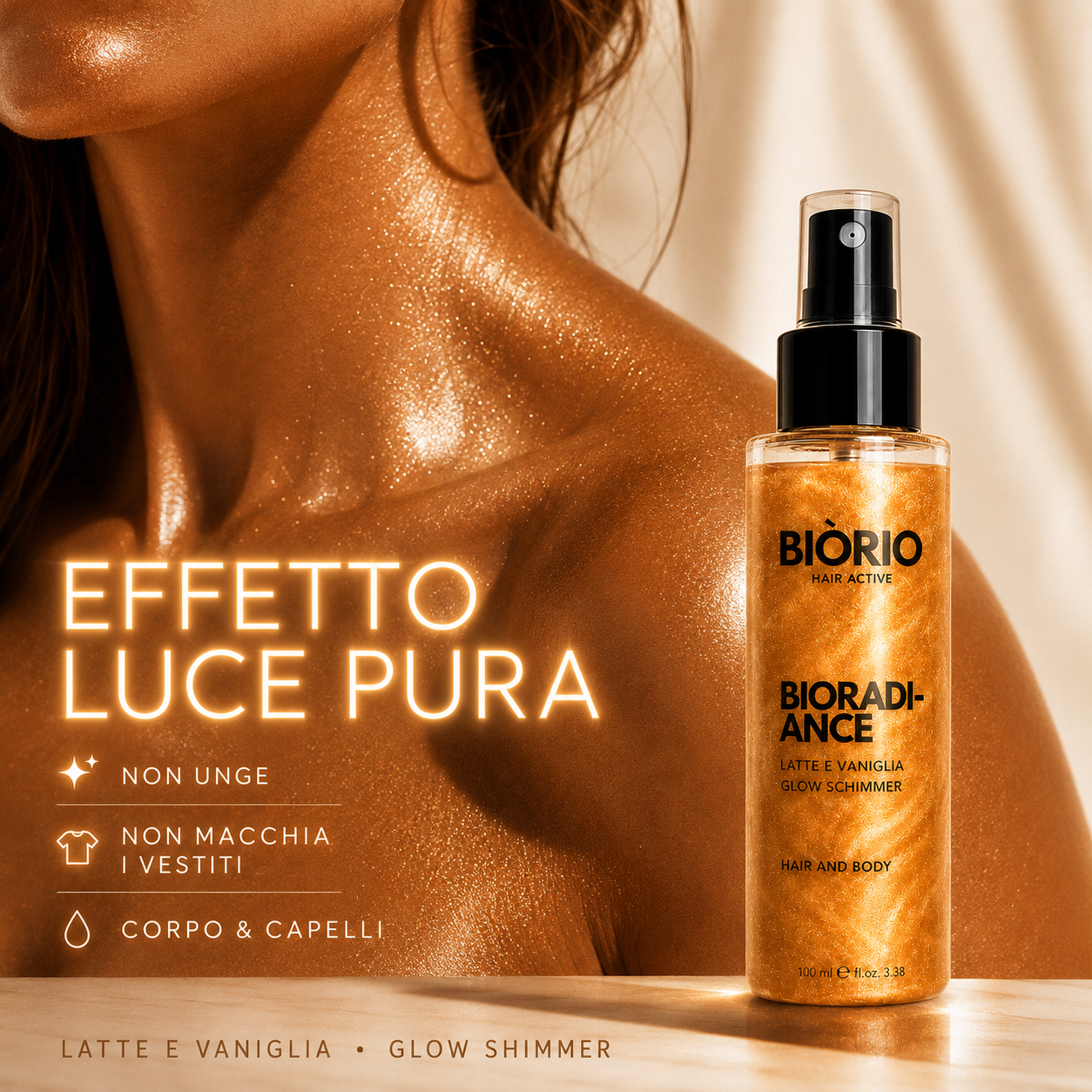 BIÒRIO Glow Shimmer Mist Corpo & Capelli Latte e Vaniglia 100 ml Edizione Limitata Effetto Glow con Micro Shimmer Visibili Di Giorno e Di Sera Formula Leggera Senza Ungere