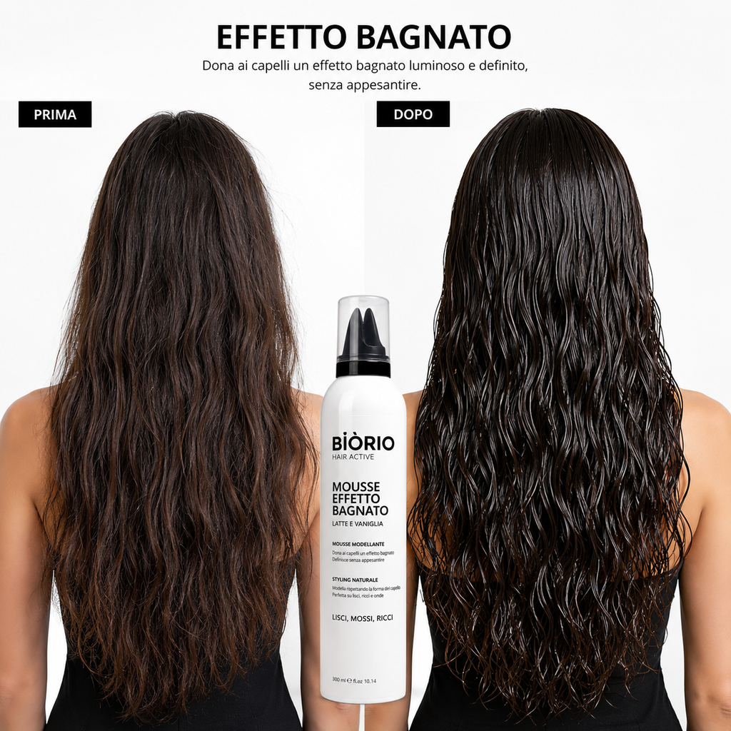 Biòrio Mousse Effetto Bagnato Capelli  Styling Wet Look, Definizione Naturale, Fragranza Latte e Vaniglia 300 ml