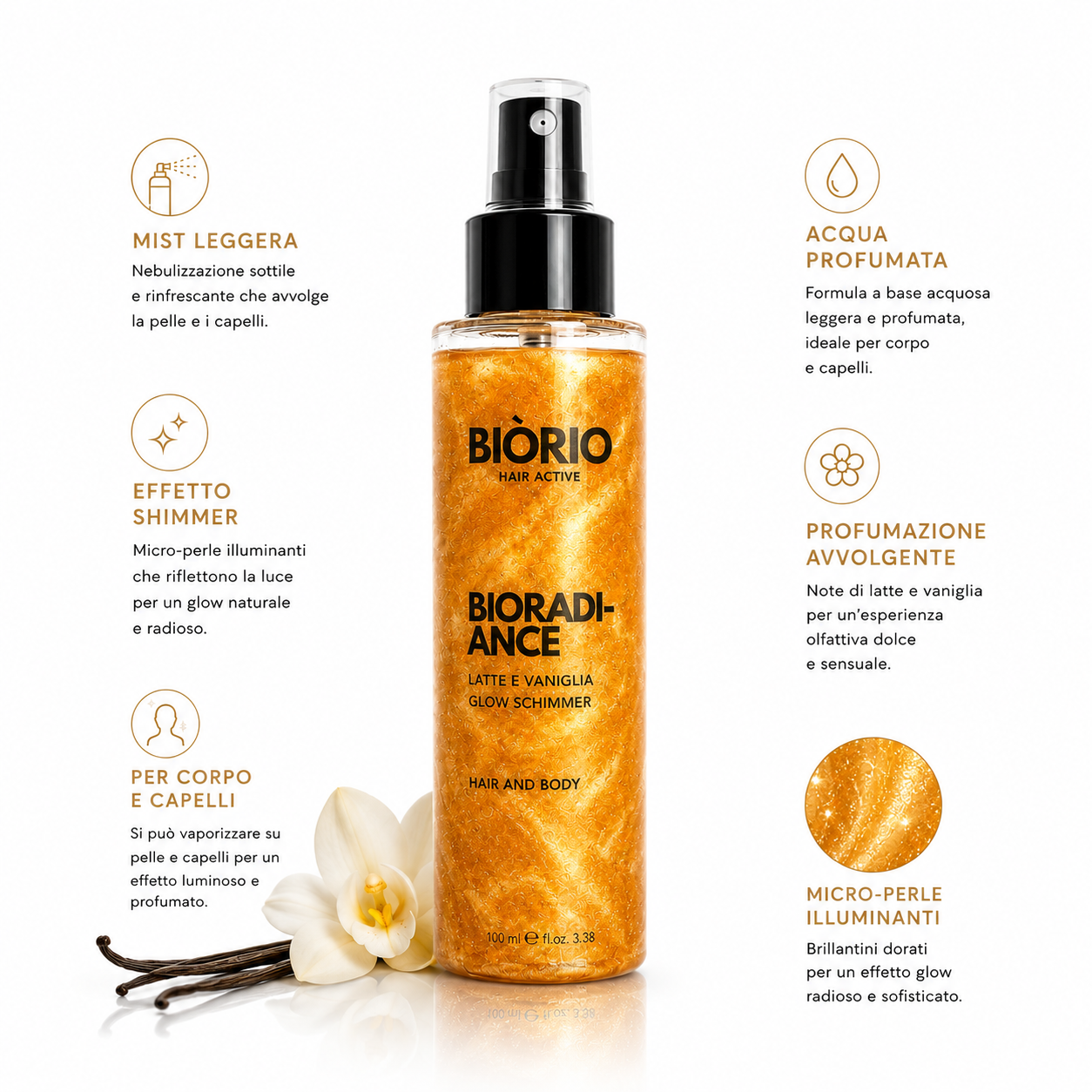 BIÒRIO Glow Shimmer Mist Corpo & Capelli Latte e Vaniglia 100 ml Edizione Limitata Effetto Glow con Micro Shimmer Visibili Di Giorno e Di Sera Formula Leggera Senza Ungere